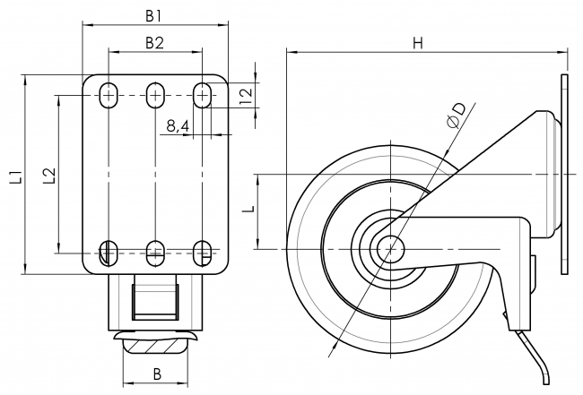 Lenkrolle mit Platte und Feststeller, Rolle, Rollen, Laufrolle, Laufrollen, Rad, Räder, Reifen, Bremse, Bremsen, Radbremse, Totalfeststeller, Radkranz, Metallbremse, 1330 K 075 GR 02, 1330 K 100 GR 02, 1330 K 050 GR 02, 1330 K 125 GR 02