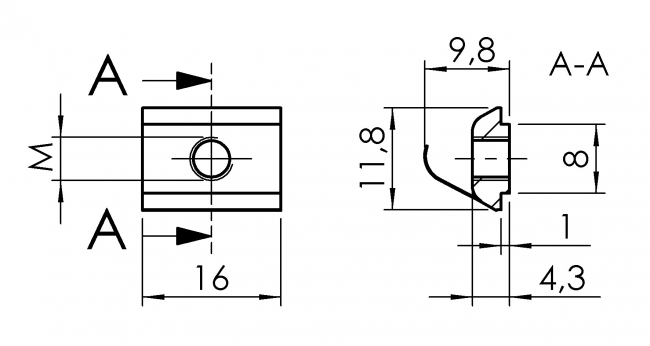 Nutenstein Nut 8 trapez, mit Führung, einschwenkbar, mit Feder