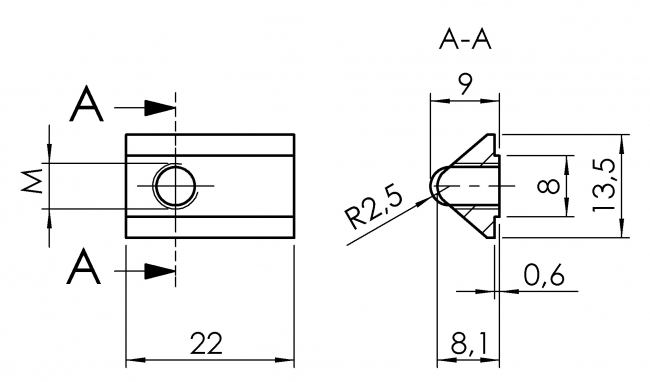 Nutenstein Nut 8, einschwenkbar mit Führung und Kugel