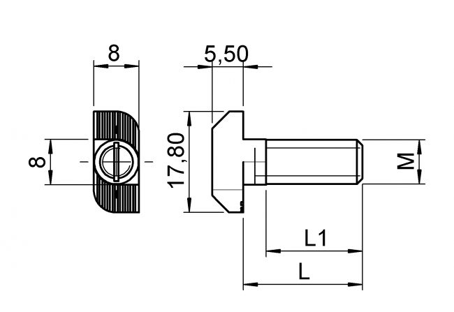 T-bolt, screw, slot, 8, Hammerschraube. M8, Nut 8, x20, x25, x30, Stahl, verzinkt, TecEnMa, 3310 S 080820, VZ02