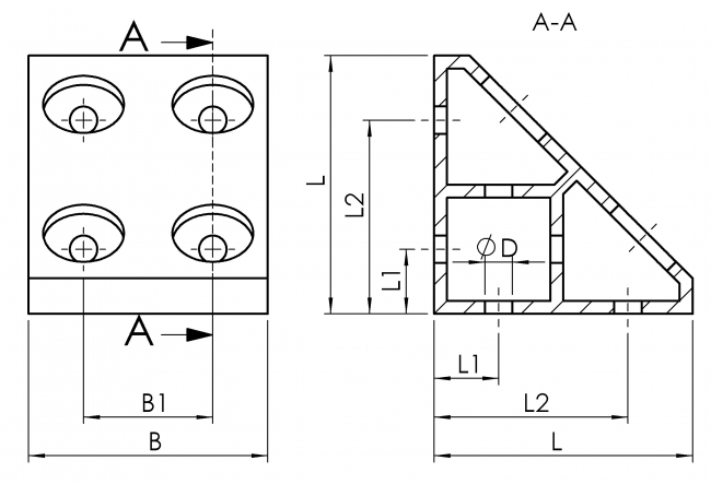 Eckwinkel, gezogen, 2N, Schwerlastwinkel, Nut 10, Aluminium, Alu, ESD, 4020 A 7480 EL 01, 4020 A 8490 EL 01