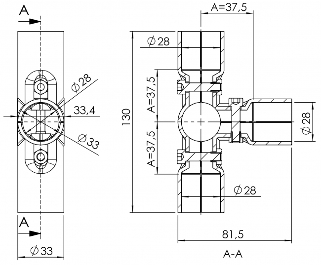 Verbinder 90° 3-fach, T Verbinder, T-Verbinder, Verbinder 90 Grad, 90 Grad, 90°, Rohrprofilsystem, Rohrverbinder, Rohr Verbinder, Rohr, Verbinder, 5016 S 001 SW 01