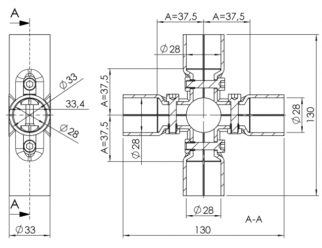 Verbinder 90° 4-fach, Verbinder 90°, 4-Fach, Doppel-T-Verbinder, Kreuzverbinder, X-Verbinder, Verbinder 90 Grad, Rohrprofilsystem, Rohrverbinder, Rohr Verbinder, Rohr, Verbinder, 5017 S 001 SW 01