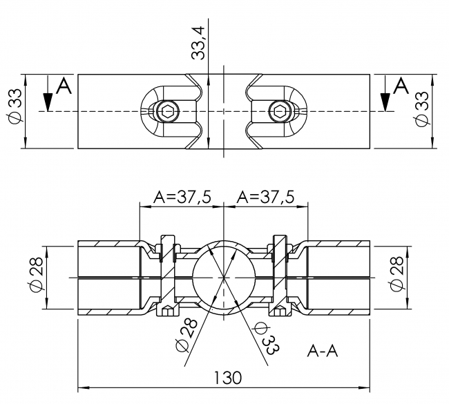 Verbinder 180° 2-fach, Verbinder, 180°, 2-fach, 180 Grad, Rohrprofilsystem, Rohrverbinder, Rohr Verbinder, Rohr, Kreuzverbinder, Kreuz, 5022 S 001 SW 01