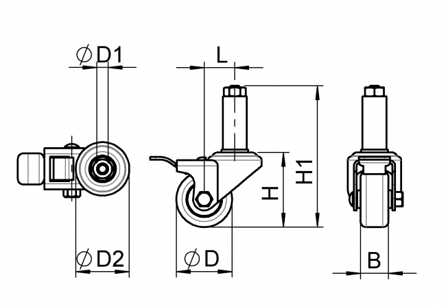 Swivel Castor pipe mounting with brake
