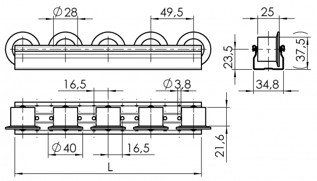 Röllchenleiste D28 geführt, Rollen, Bundrollen, Rollenschiene, Rollenleiste, Rollenstab, Zubehör, 6320 K 028F GE 01
